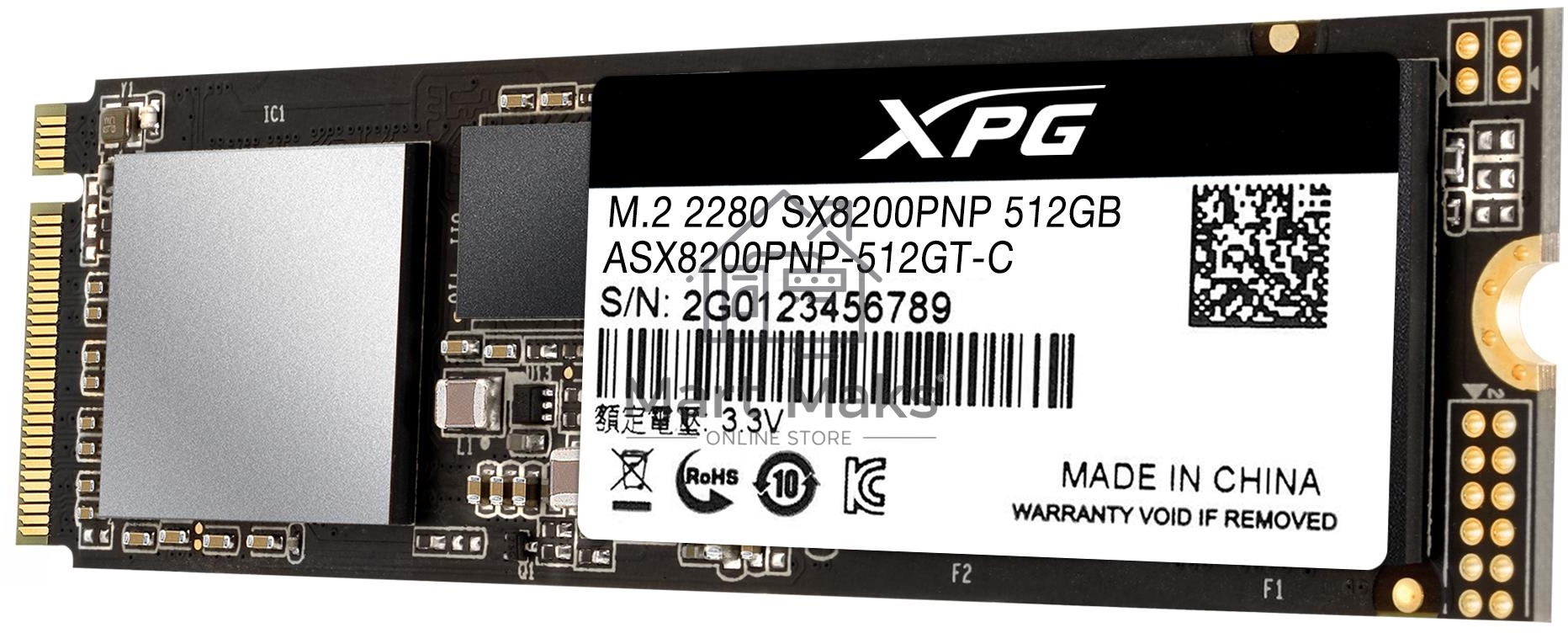 Накопитель SSD XPG SX8200 Pro, 512 ГБ, PCIe 3.0 x4, M.2 2280, NVMe, R/W 3350/2350, с радиатором