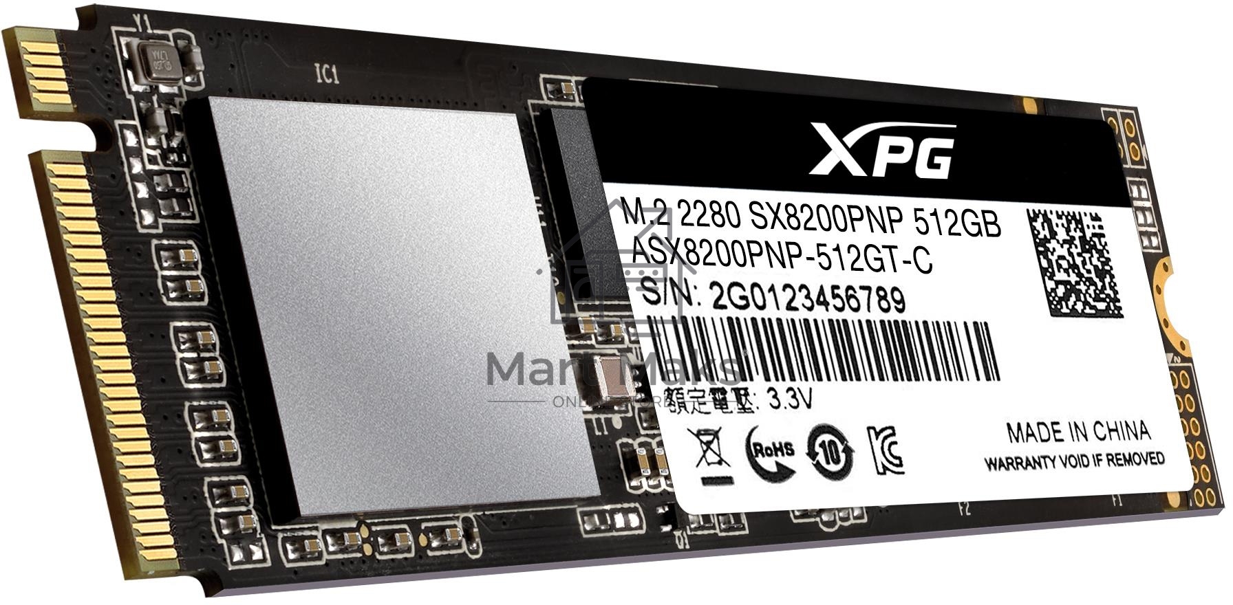 Накопитель SSD XPG SX8200 Pro, 512 ГБ, PCIe 3.0 x4, M.2 2280, NVMe, R/W 3350/2350, с радиатором