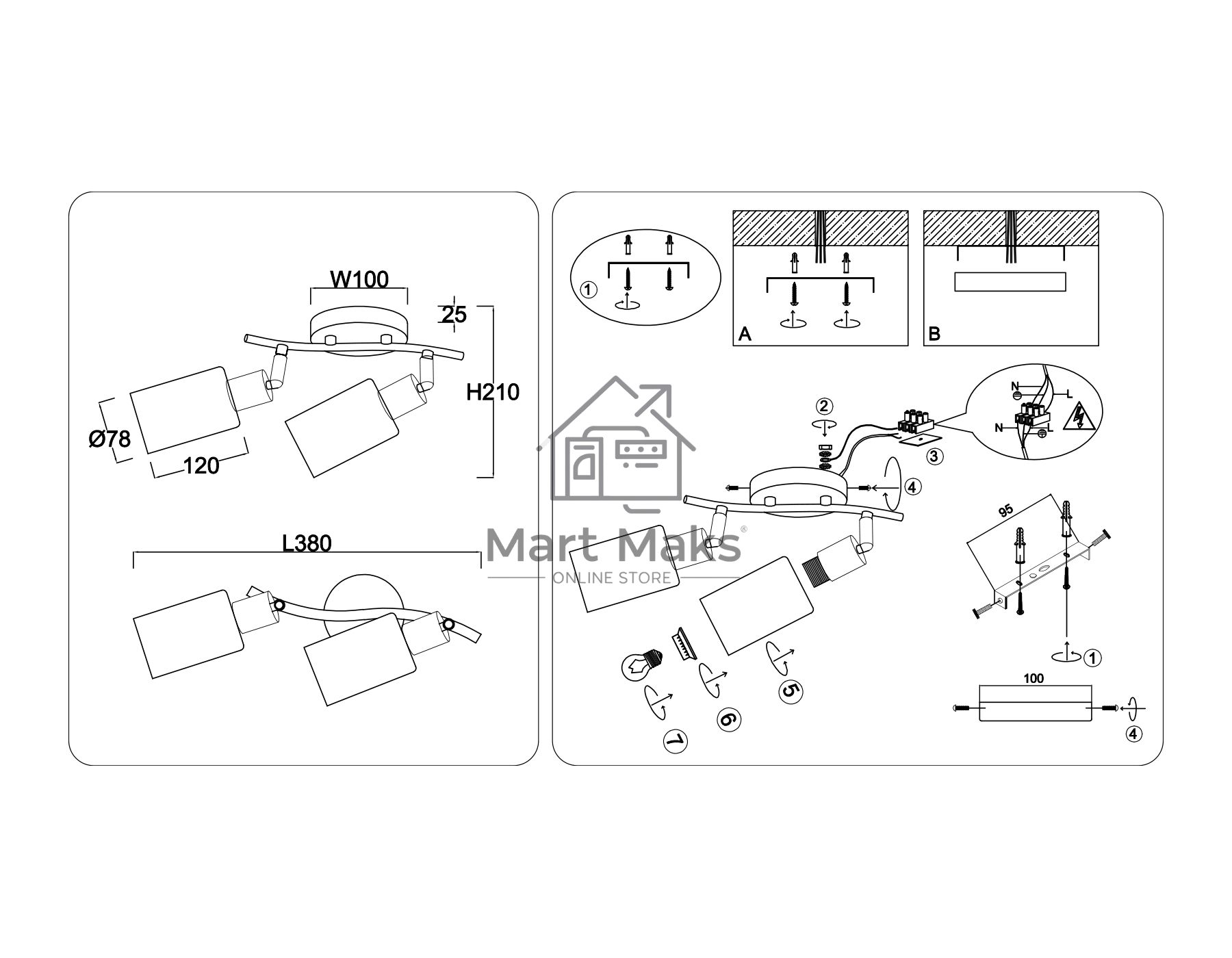 Светильник Ambrella light TR8721/2 BK/WD черный/дерево E14/2 max 60W 380*100*210