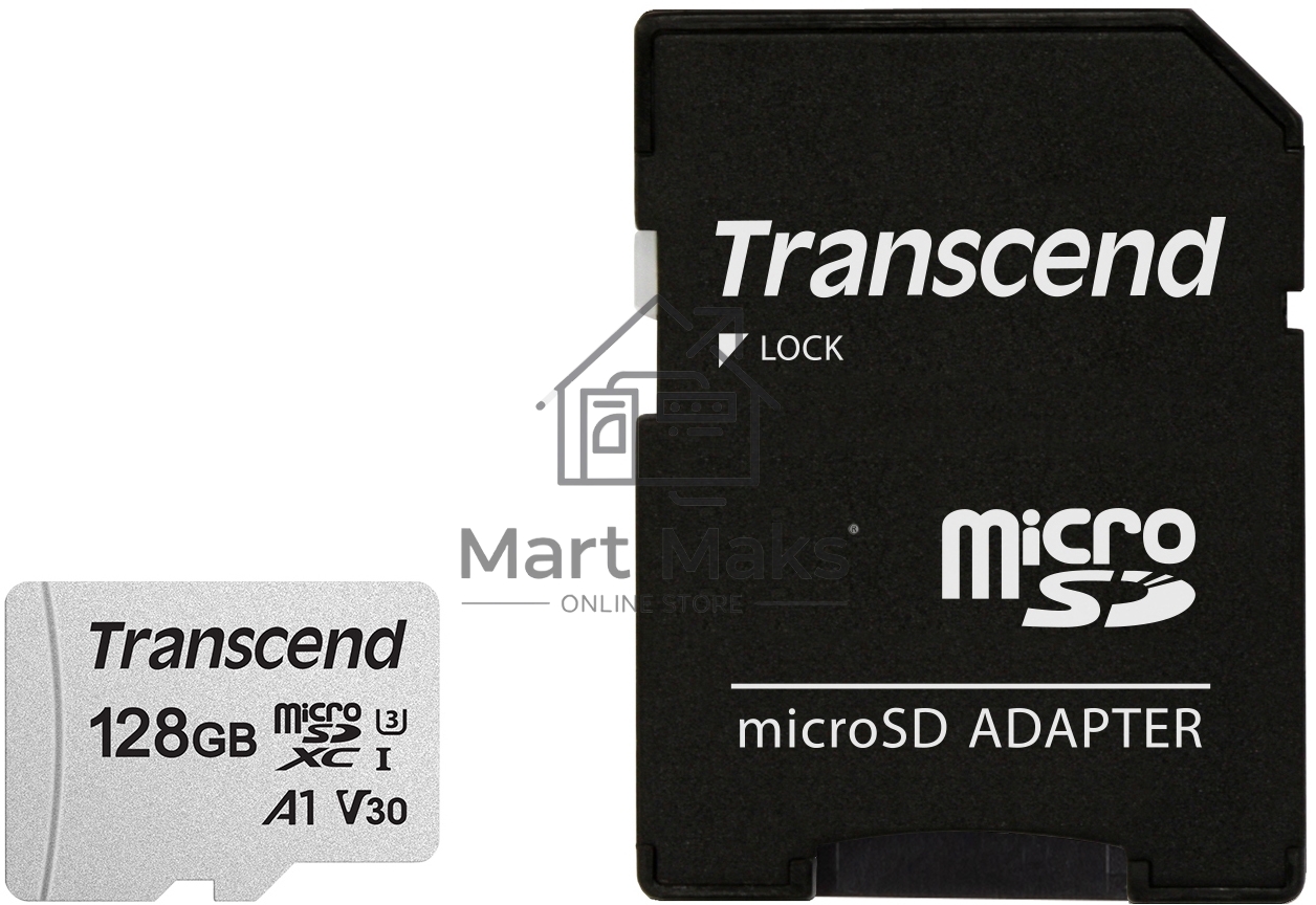 Флеш карта Transcend Micro SecureDigital 128Gb MicroSDXC Class 10 UHS-I U3, SD adapter(TS128GUSD300S-A)