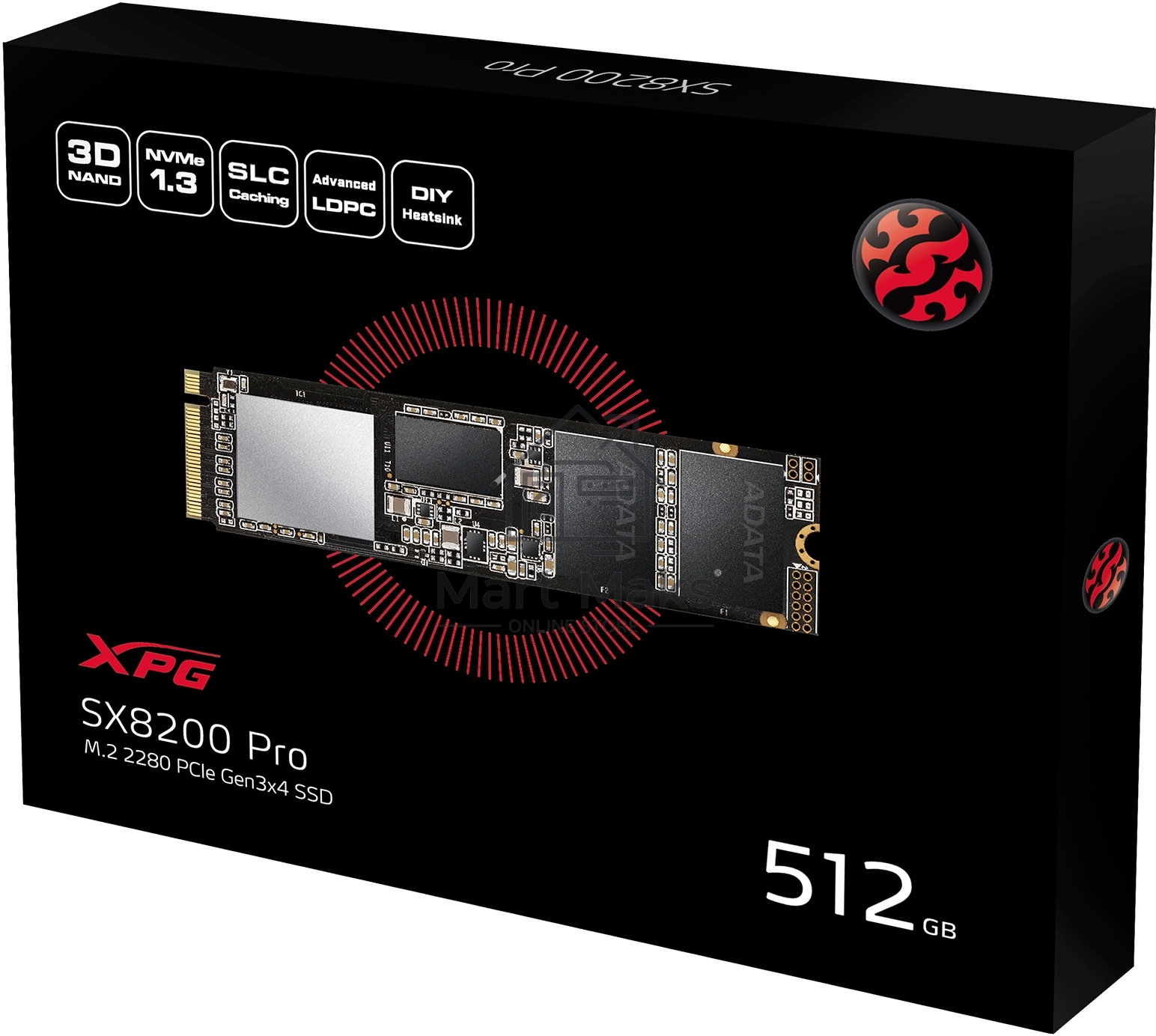 Накопитель SSD XPG SX8200 Pro, 512 ГБ, PCIe 3.0 x4, M.2 2280, NVMe, R/W 3350/2350, с радиатором