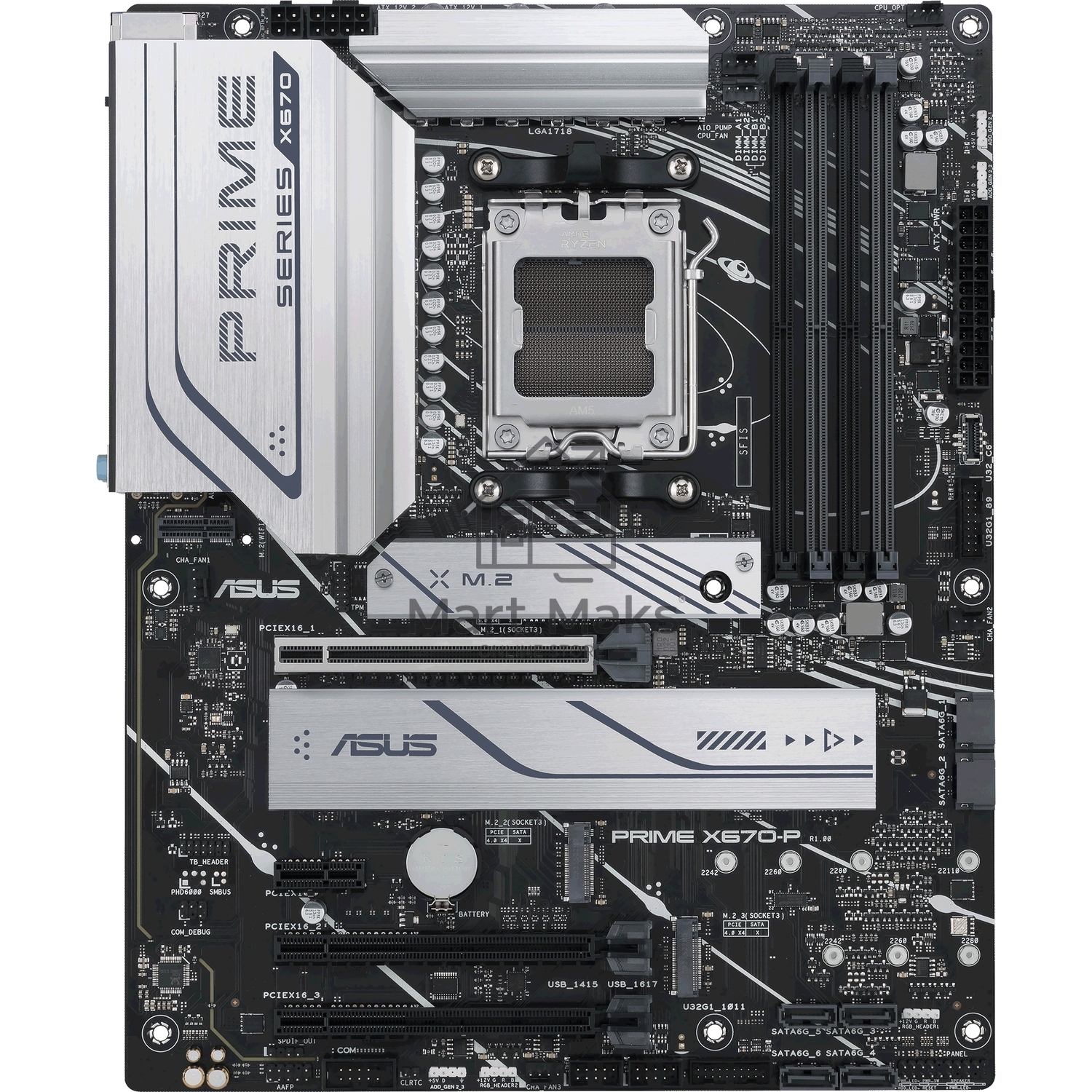 Материнская плата ASUS PRIME X670-P, AM5, AMD X670, 4xDDR5, 6xSATA, 3xM.2, 1xPCI-E 4.0 x16, 2xPCI-E 4.0 x4, 1xPCI-E x1, 1xHDMI, 1xDP, 1x 2.5Gb LAN, 2xUSB-A 2.0, 3xUSB-A 3.2 Gen 1, 3xUSB-A 3.2 Gen 2, 1xUSB-C 3.2 Gen 2x2, 3x3.5 мм, 7.1, ATX.