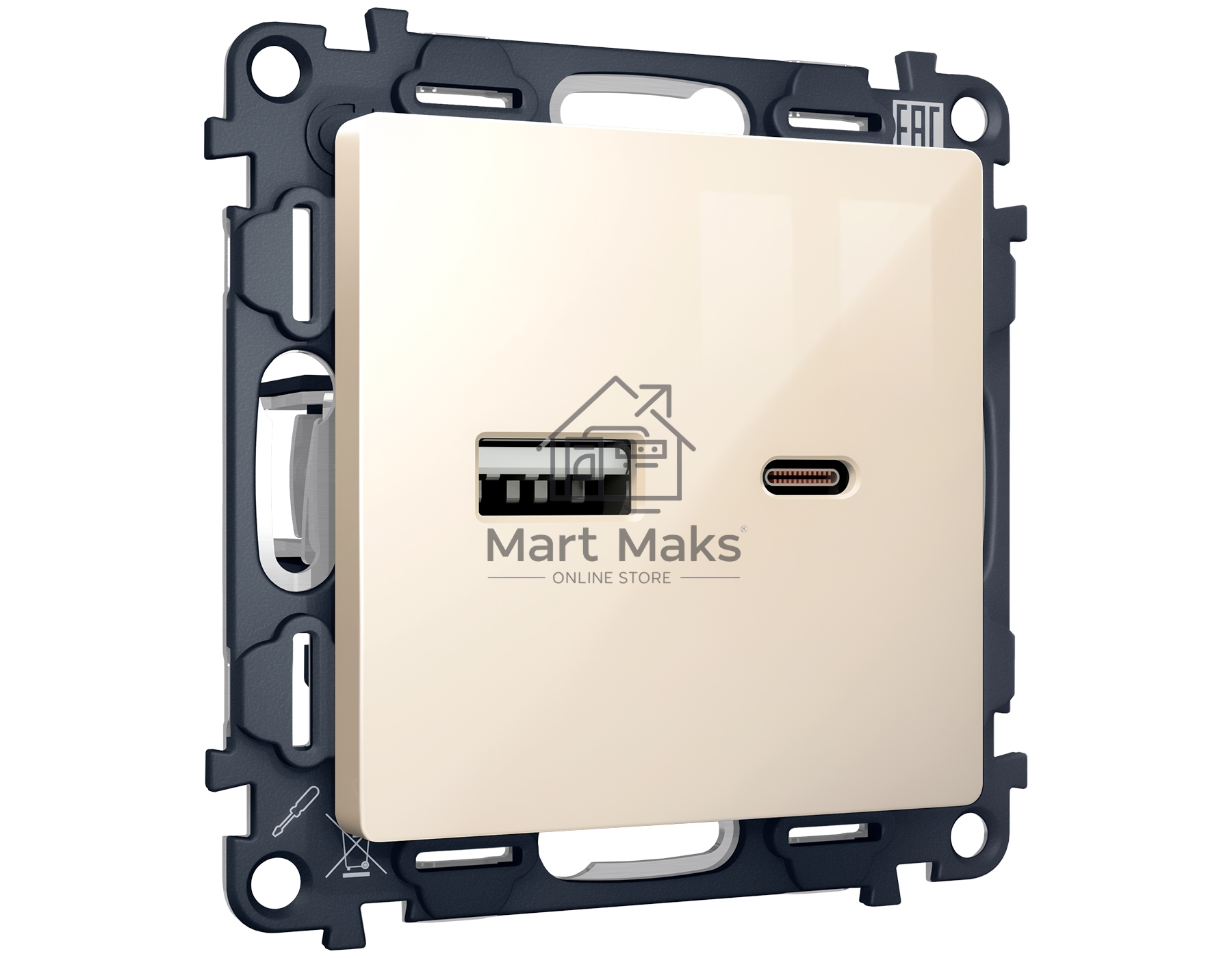 Комплект механизма розетки ALFA Бежевый глянец 2USB A+C 20W (быстрая зарядка) QUANT (AP3110, VM177) MA311010