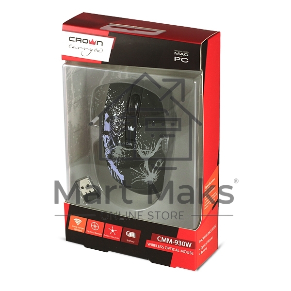 Мышь беспроводная Crown CMM-930W черный, 1600 dpi, радиоканал, USB, кнопки - 4