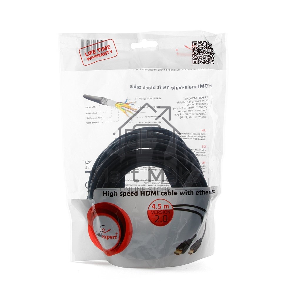 Кабель Cablexpert HDMI CC-HDMI4-15, 19M/19M, v2.0, медь, позол.разъемы, экран, 4.5м, черный, пакет