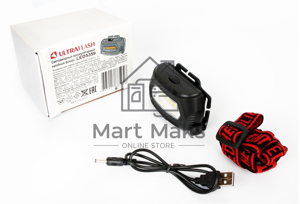 Фонарь налобный Ultraflash LED5359 (аккум 5В черный COB 3 Ватт, 3 реж.,пласт.,бокс)