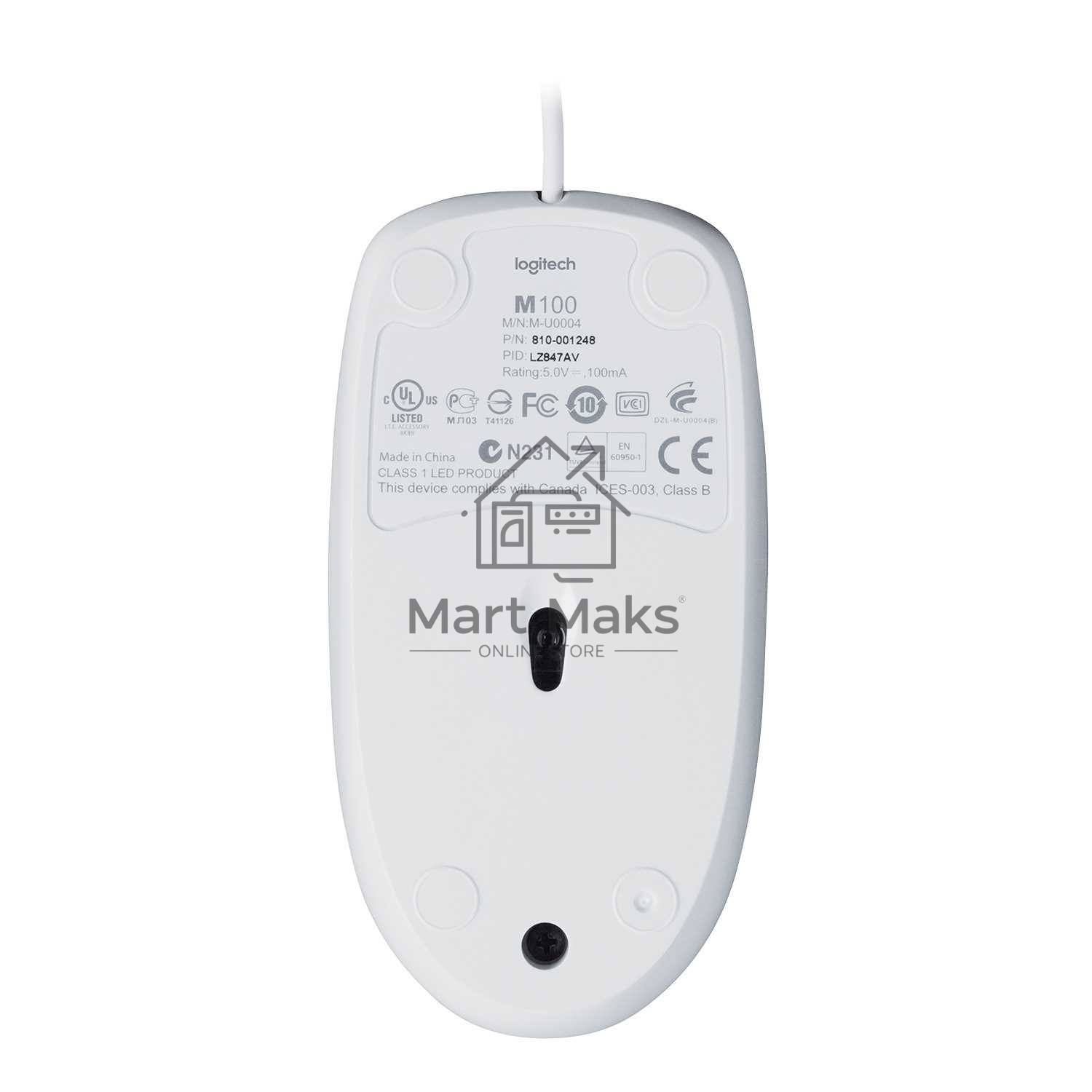 Мышь проводная Logitech M100 белый, 1000 dpi, USB, кнопки - 3