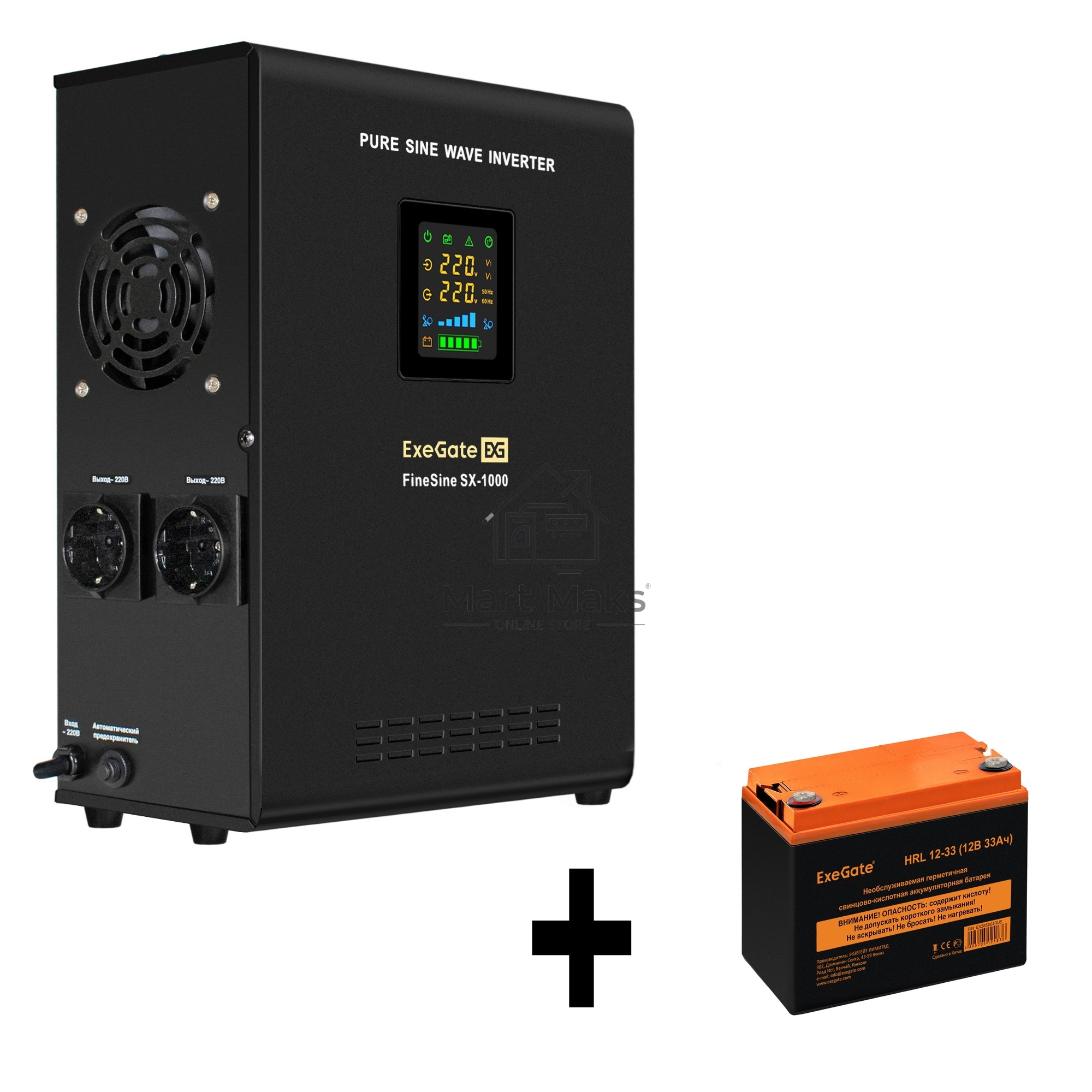 Комплект Источник бесперебойного питания EX295997RUS + батарея 33Aч EX285664RUS 1шт (инвертор, синус, для котла, настенный) ExeGate FineSine SX-1000.LCD.AVR.2SH <1000VA/600W, чистая синусоида, цветной LCD-дисплей, AVR, 2*Schuko, линейно-интерактивный, кре