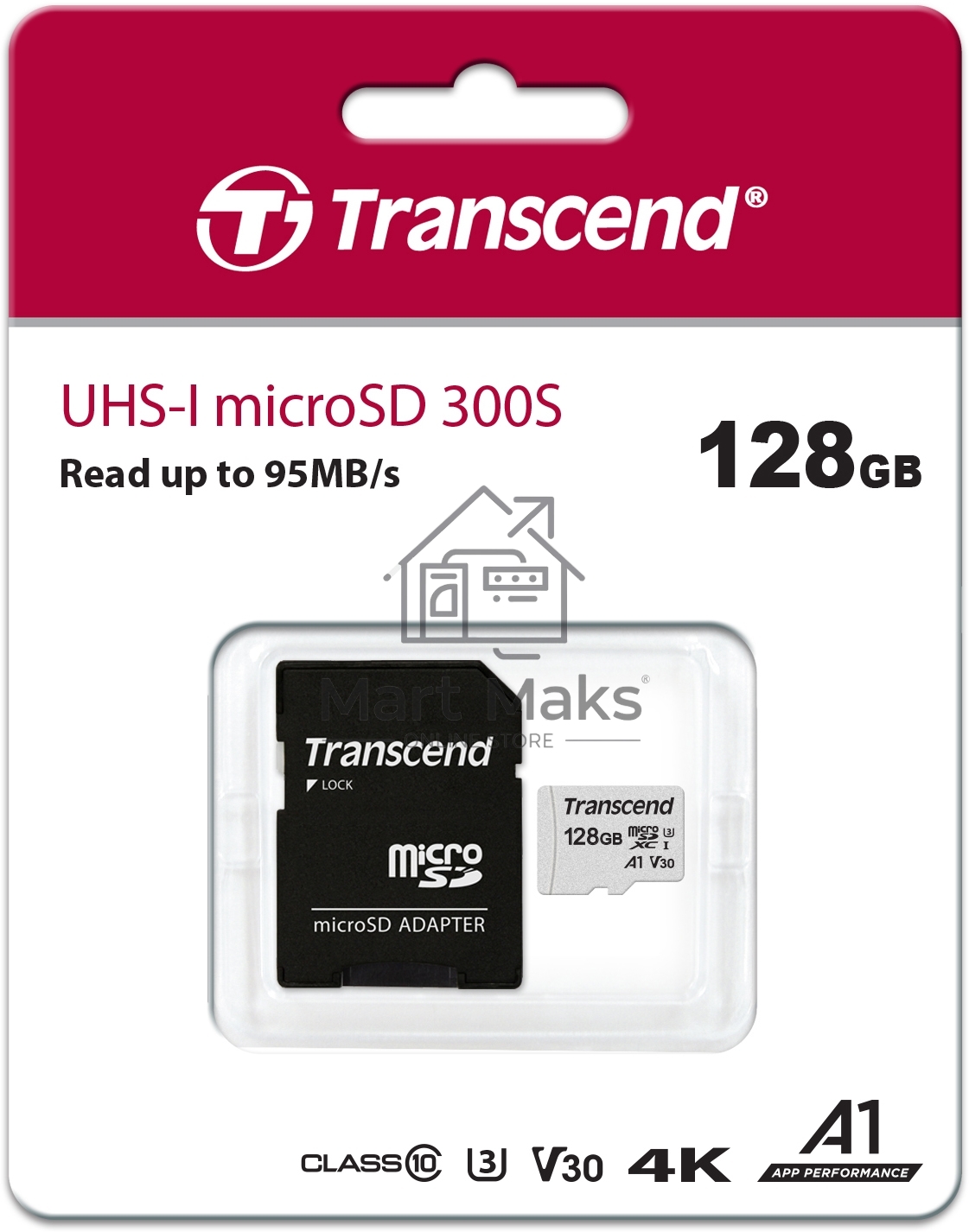 Флеш карта Transcend Micro SecureDigital 128Gb MicroSDXC Class 10 UHS-I U3, SD adapter(TS128GUSD300S-A)