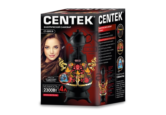 Самовар Centek CT-0092 B (черн+рисунок+золото), 4.0л, 2300Вт, поддерж.t + LED индикатор