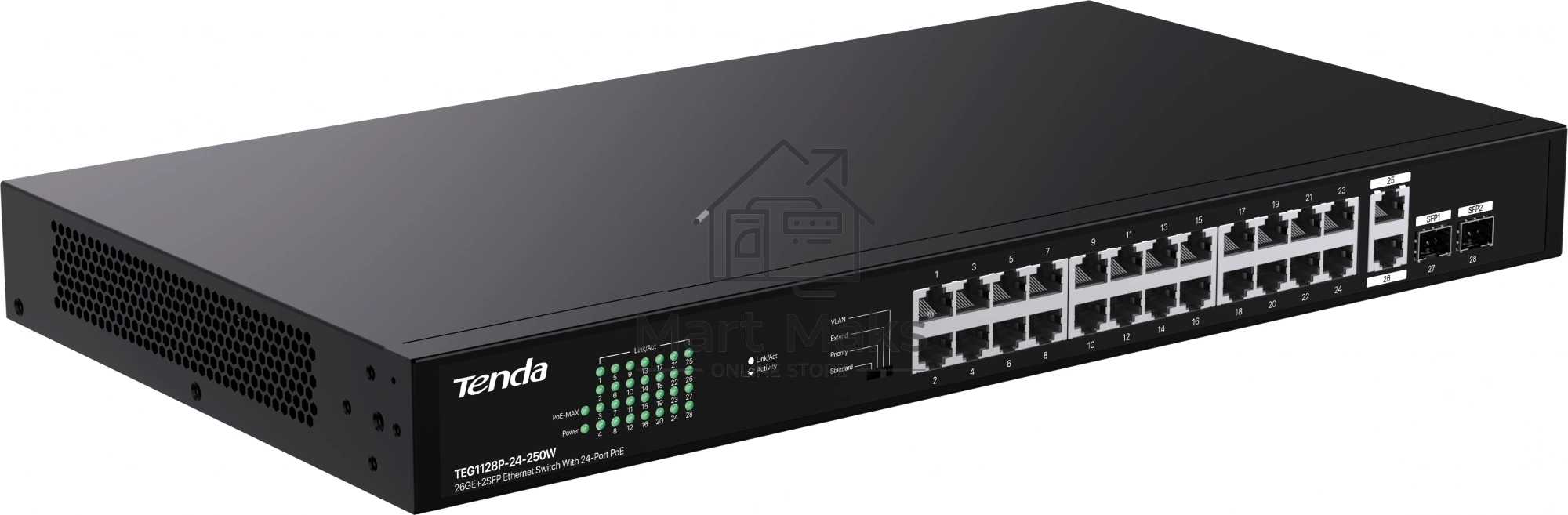 Коммутатор неуправляемый Tenda TEG1128P-24-250W PoE, 26x1 Гбит/с, PoE 24х30 Вт (до 230Вт), SFP 2х1 Гбит/с