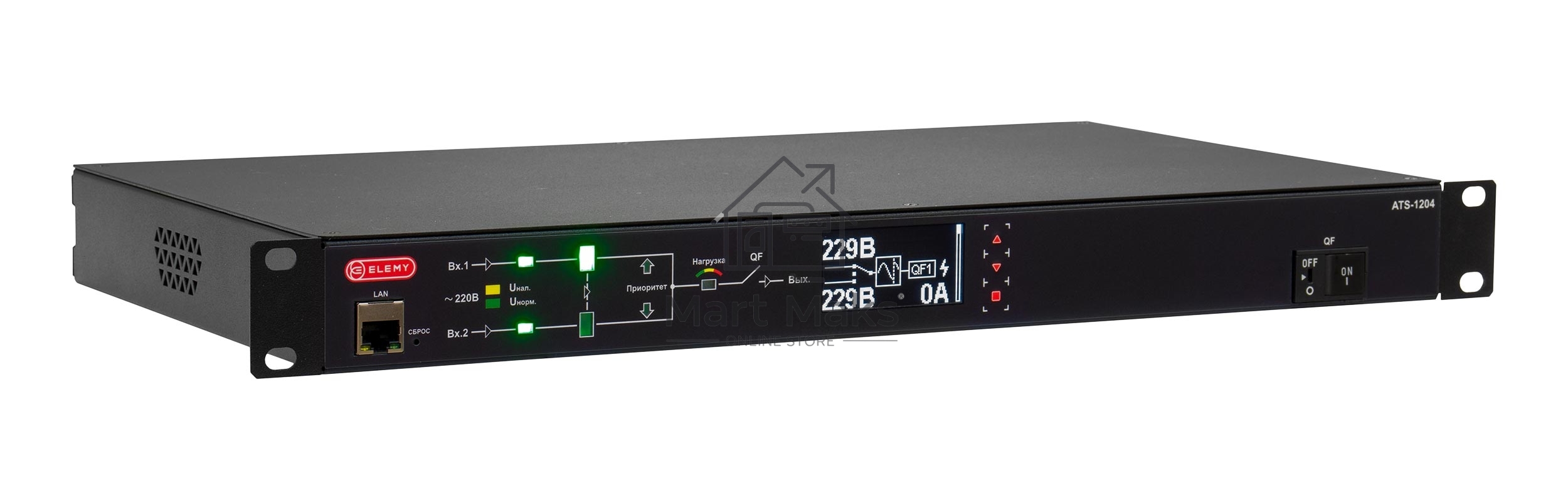 Автоматический ввод резерва ELEMY RACK ATS, 1U, 220В, 32А, OLED, Ethernet, in (2) IEC309, out (2) C19 (9) C13