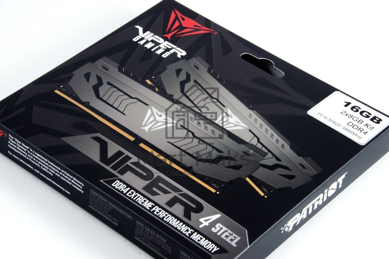 Оперативная память Patriot Viper Steel, DDR4, 16GB (2x8 GB), 3733 MHz, CL17, DIMM, радиатор, черный