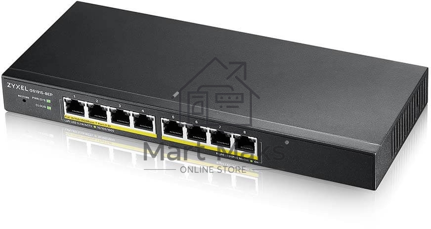 Гибридный Smart L2 коммутатор PoE+ Zyxel NebulaFlex GS1915-8EP, 8xGE PoE+, бесшумный (без вентилятора), бюджет PoE 60 Вт, автономное/облачное управление