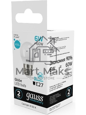 Лампа светодиодная Gauss Elementary 6Вт цок.:E27 шар 220B 4100K св.свеч.белый.ней. (упак.:10шт)