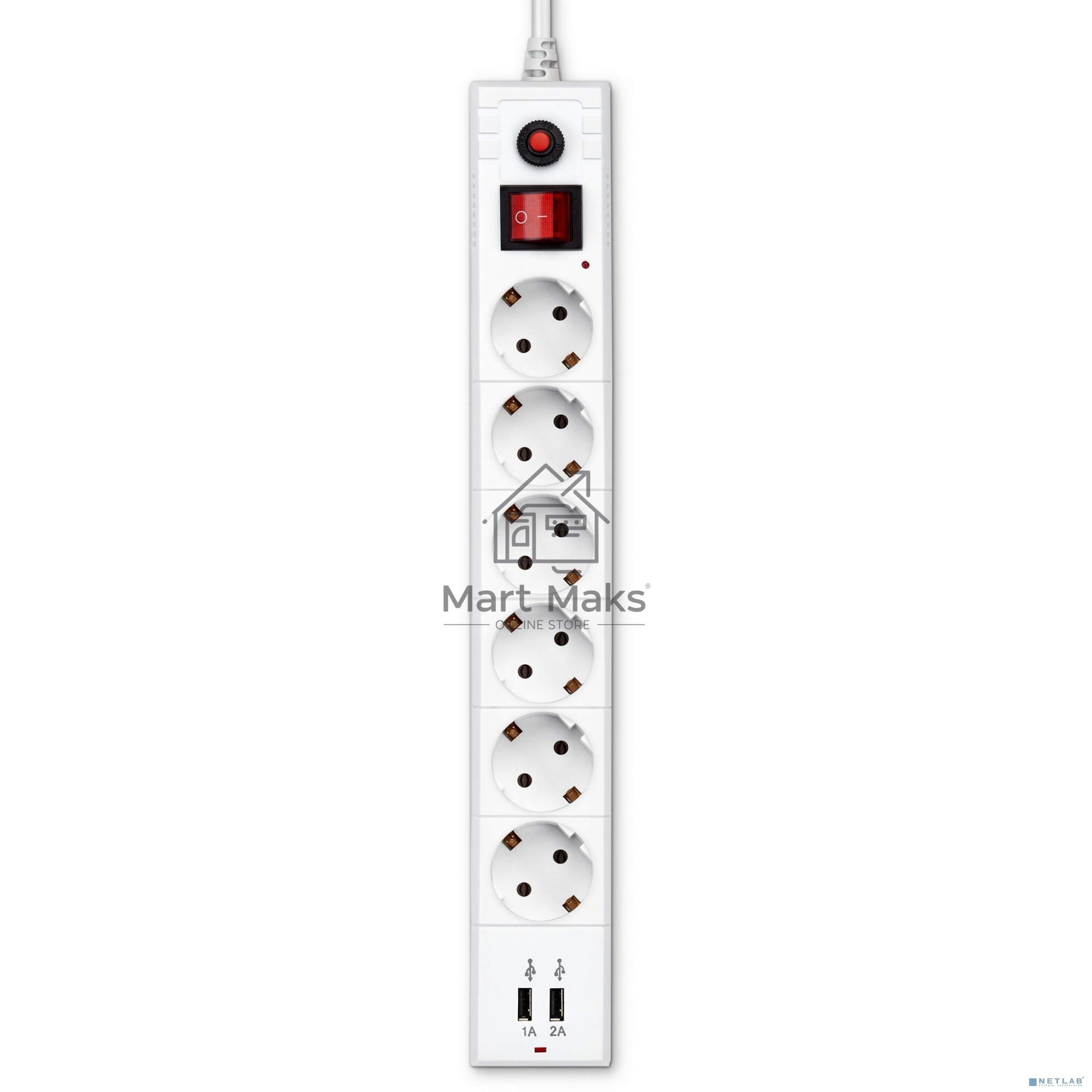 Сетевой фильтр Buro BU-SP5_USB_2A-W 5м (6 розеток) белый (коробка)