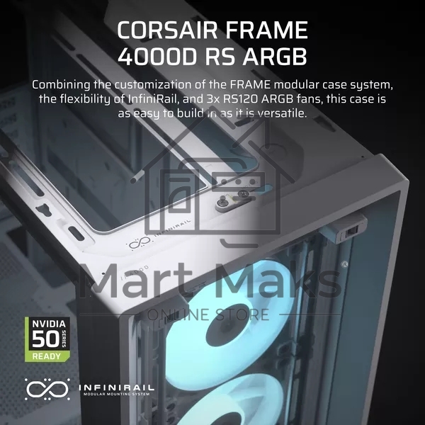 Компьютерный корпус без блока питания Corsair Frame 4000D RS ARGB, Midi-Tower, TG, 3x120mm ARGB, 2xUSB-A 3.2, 1xUSB 3.2 Type-C, E-ATX, ATX, mATX, mITX White
