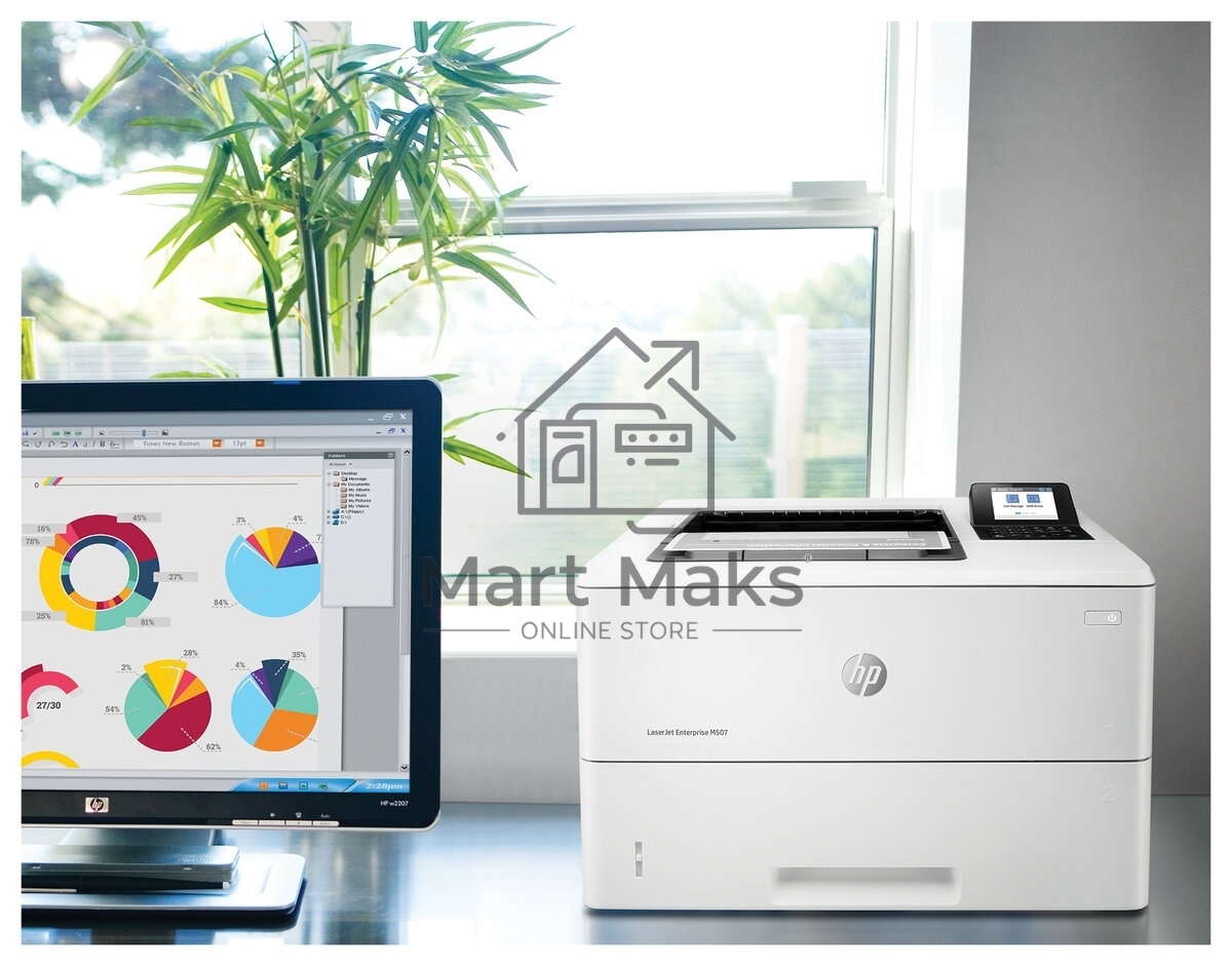 Принтер лазерный HP LaserJet Enterprise M507dn (1PV87A), A4, ч/б, печ. до 43 стр/мин, 1200 x 1200 dpi, USB, RJ-45, Air Print, Mopria
