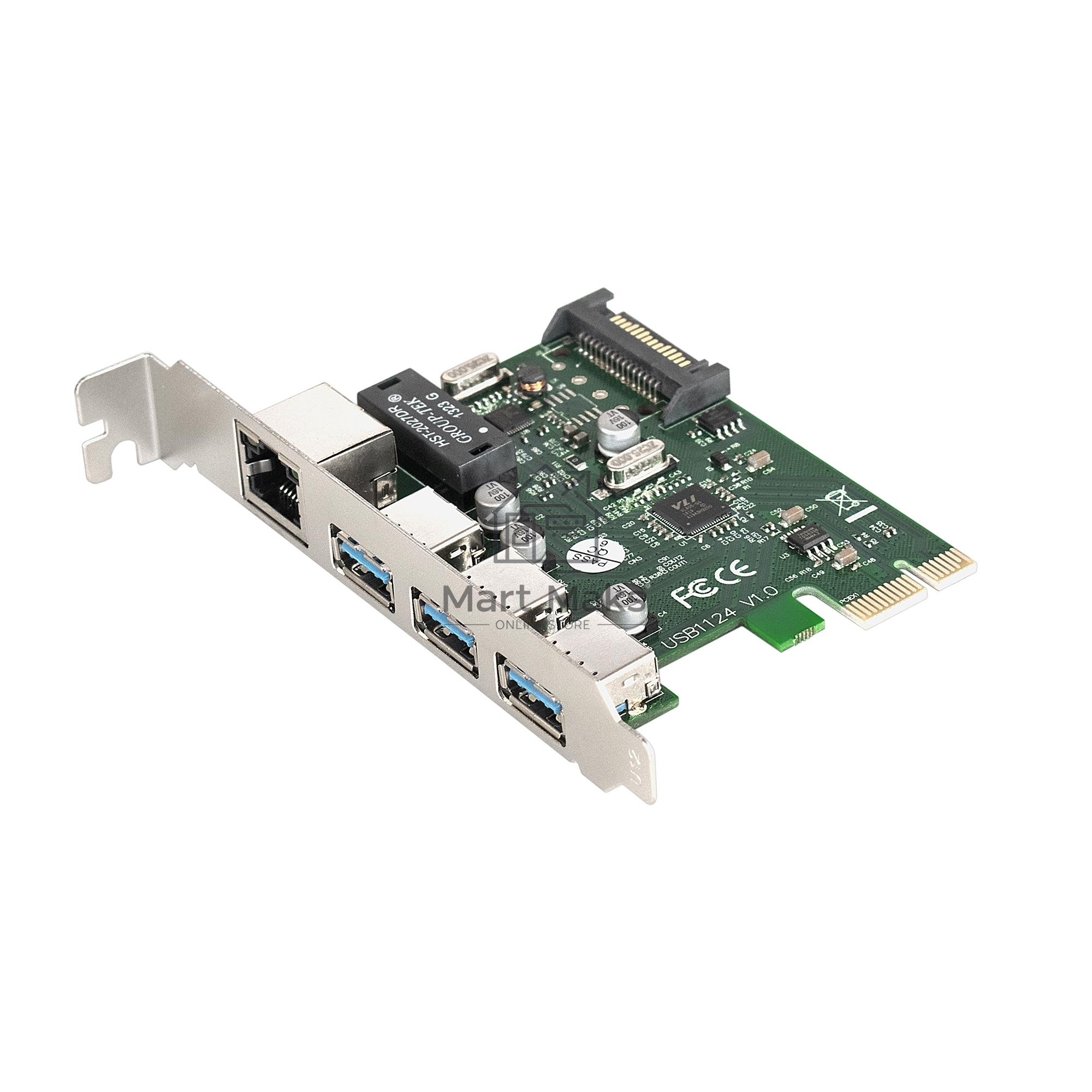Контроллер сетевой ExeGate EXE-361 PCI-E 2.0, 3*USB3.0 ext + LAN UTP 1000Mbps, раз.доп.пит.OEM)