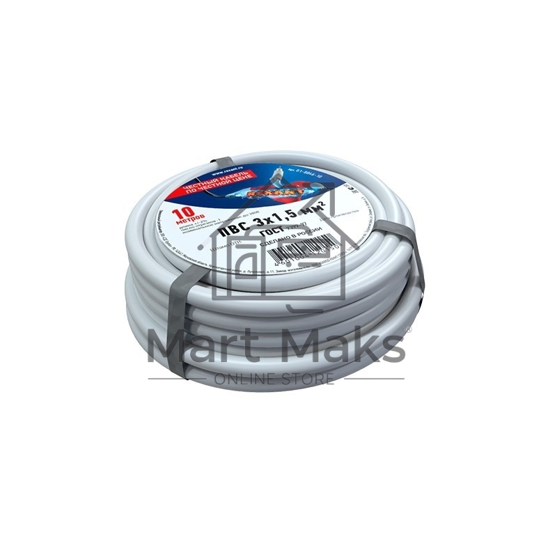 Провод соединительный ПВС 3x1,5 мм², белый, длина 10 метров, ГОСТ 7399-97 Rexant