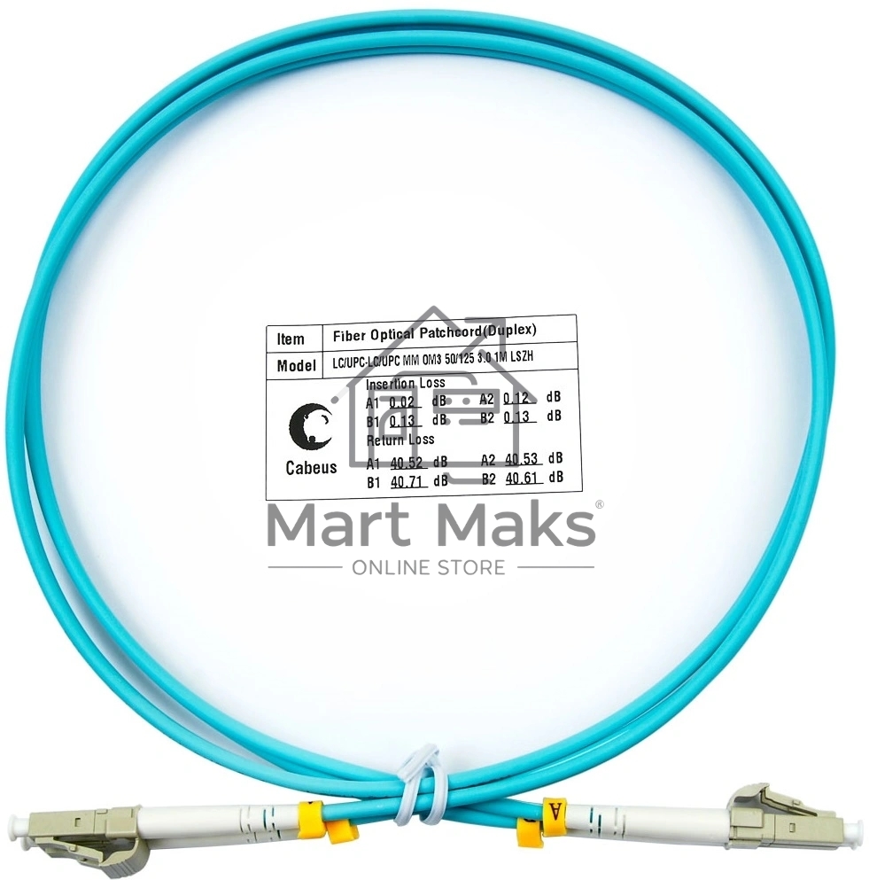 Патч-корд оптический Cabeus Tight Buffer, Duplex LC/LC, OM3 50/125, LSZH, 1м, d= 3мм, серый хвостовик, аква