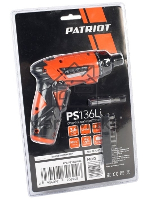 Отвертка аккумуляторная PATRIOT PS 136Li Li-Ion, 3.6 В/1,5 Ач, Реверс, 200 об/мин, 3,5 Нм, патрон: НЕХ 1/4
