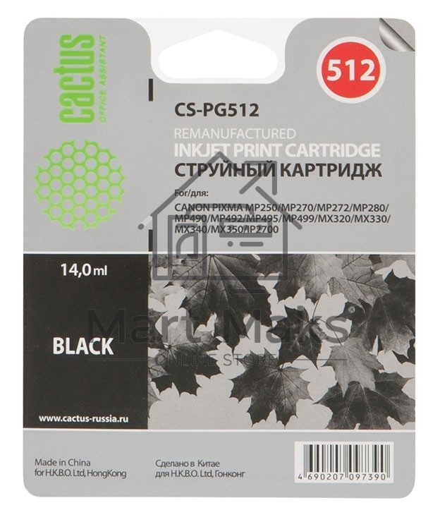 Картридж струйный Cactus CS-PG512 черный (14 мл) для Canon Pixma iP2700/MP240/MP250/MP260/MP270/MP272/MP280/MP480/MP490/MP492/MP495/MX320/MX330/MX340/MX350