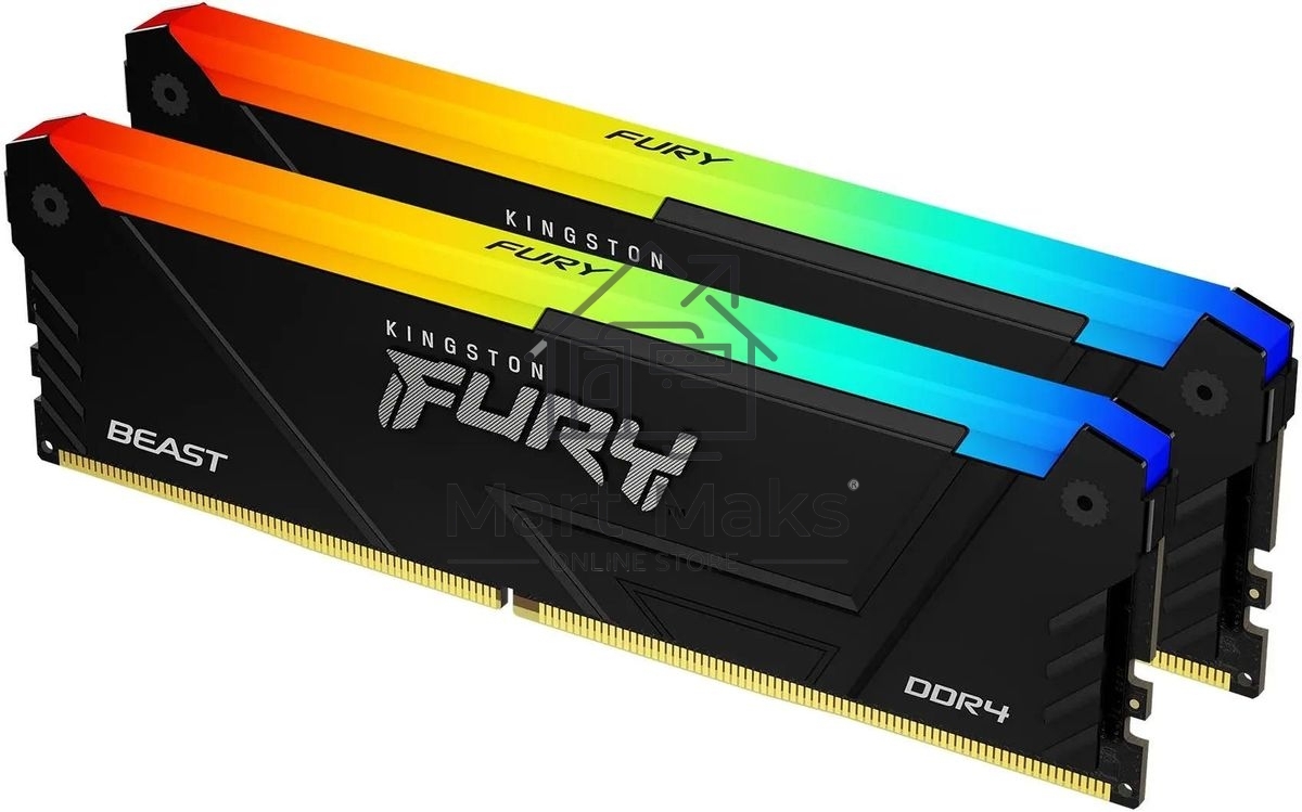 Оперативная память Kingston Fury Beast, DDR4, 64GB (2x32GB), 3200MHz, CL16, DIMM, с радиатором, RGB, черный