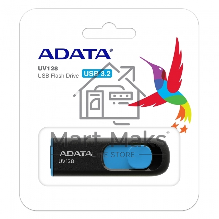 Флешка USB ADATA UV128 (AUV128-64G-RBE), 64Gb, USB 3.0, R/W 100/30, черный/синий
