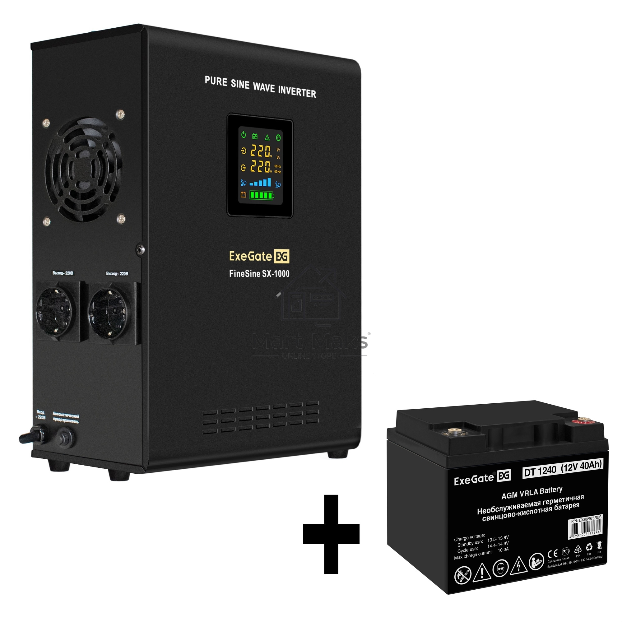 Комплект Источник бесперебойного питания EX295997RUS + батарея 40Aч EX282976RUS 1шт (инвертор, синус, для котла, настенный) ExeGate FineSine SX-1000.LCD.AVR.2SH <1000VA/600W, чистая синусоида, цветной LCD-дисплей, AVR, 2*Schuko, линейно-интерактивный, кре