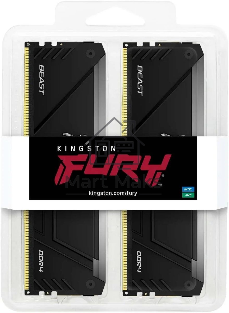 Оперативная память Kingston Fury Beast, DDR4, 64GB (2x32GB), 3200MHz, CL16, DIMM, с радиатором, RGB, черный