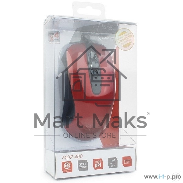 Мышь проводная Gembird MOP-400-R красный, 1000 dpi, USB, кнопки - 3