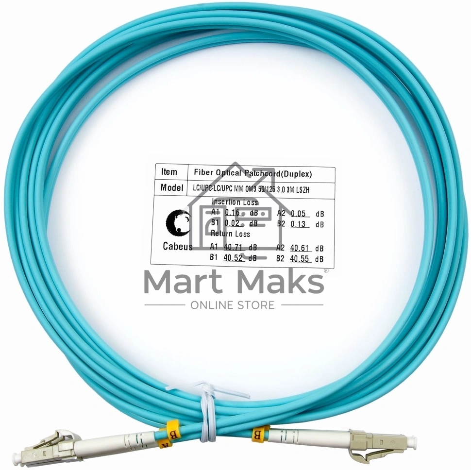 Комм. шнур оптический Cabeus Tight Buffer, Duplex LC/LC, OM3 50/125, LSZH, 3м, Ø 3мм, серый хвостовик, аква