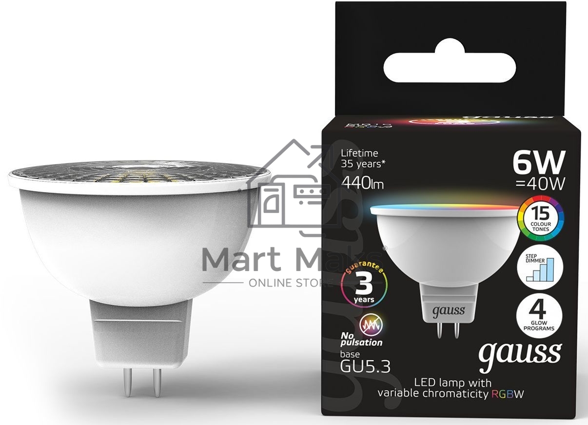 Лампа Gauss Smart MR16 6W GU5.3 RGBW+dim 1/10/100
