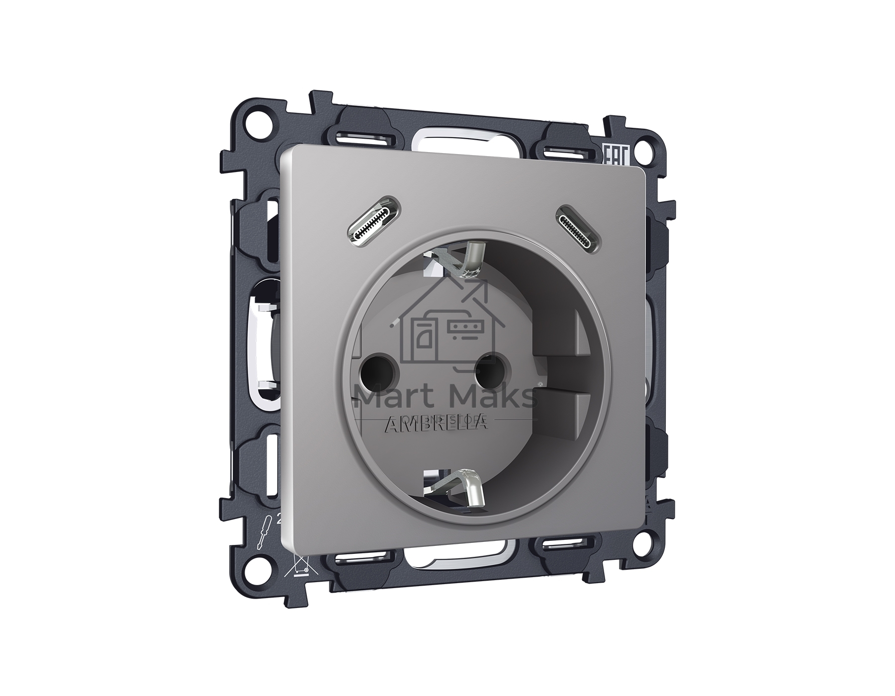 Комплект механизма электрической розетки 2USB С+C 20W с/з на винтовых зажимах 16A-250V ALFA Сталь матовый QUANT (AP5105, VM165) MA510510
