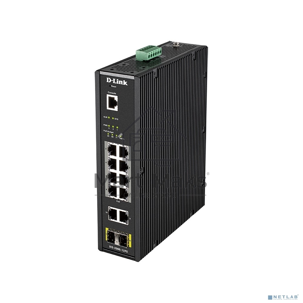 Промышленный управляемый коммутатор D-Link DIS-200G-12PS/A2A 2 уровня с 10 портами 10/100/1000Base-T и 2 портами 1000Base-X SFP (8 портов с поддержкой PoE 802.3af/802.3at (30 Вт), PoE-бюджет до 240Вт)