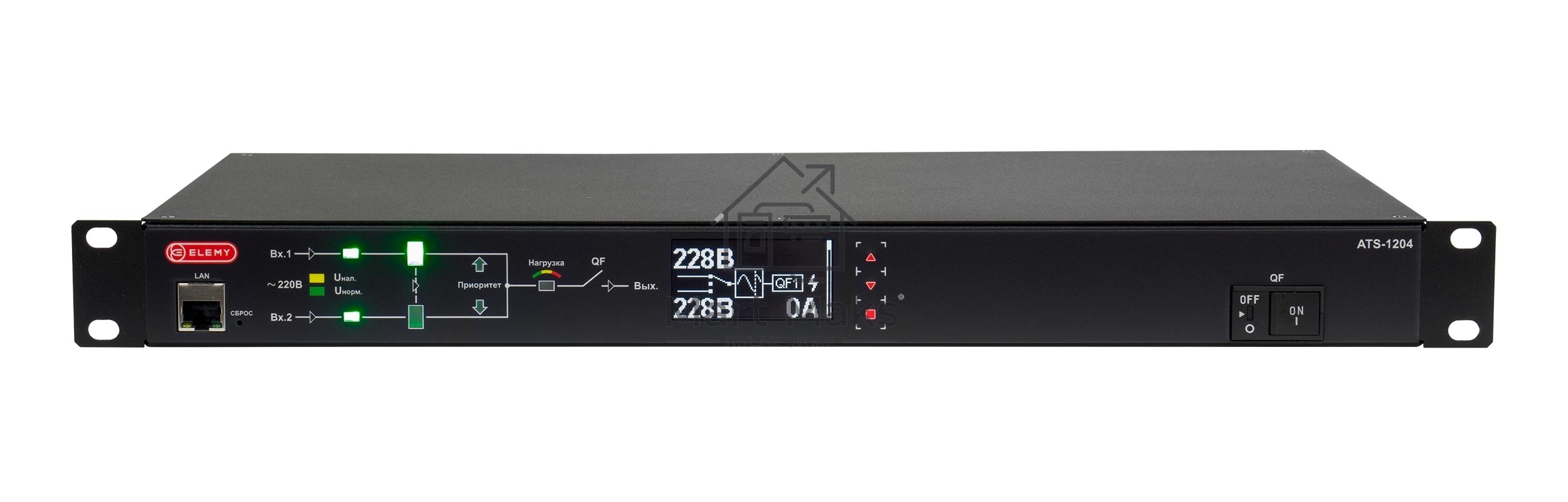 Автоматический ввод резерва ELEMY RACK ATS, 1U, 220В, 32А, OLED, Ethernet, in (2) IEC309, out (2) C19 (9) C13