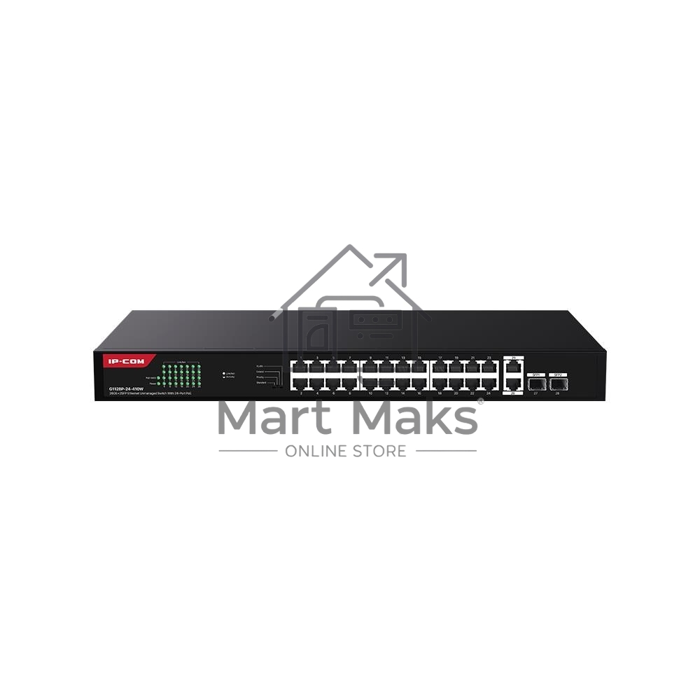 Коммутатор неуправляемый IP-COM G1128P-24-410W PoE, 28 портов, 26x1 Гбит/с, SFP 2x1 Гбит/с, PoE 24x30 Вт (до 370 Вт)