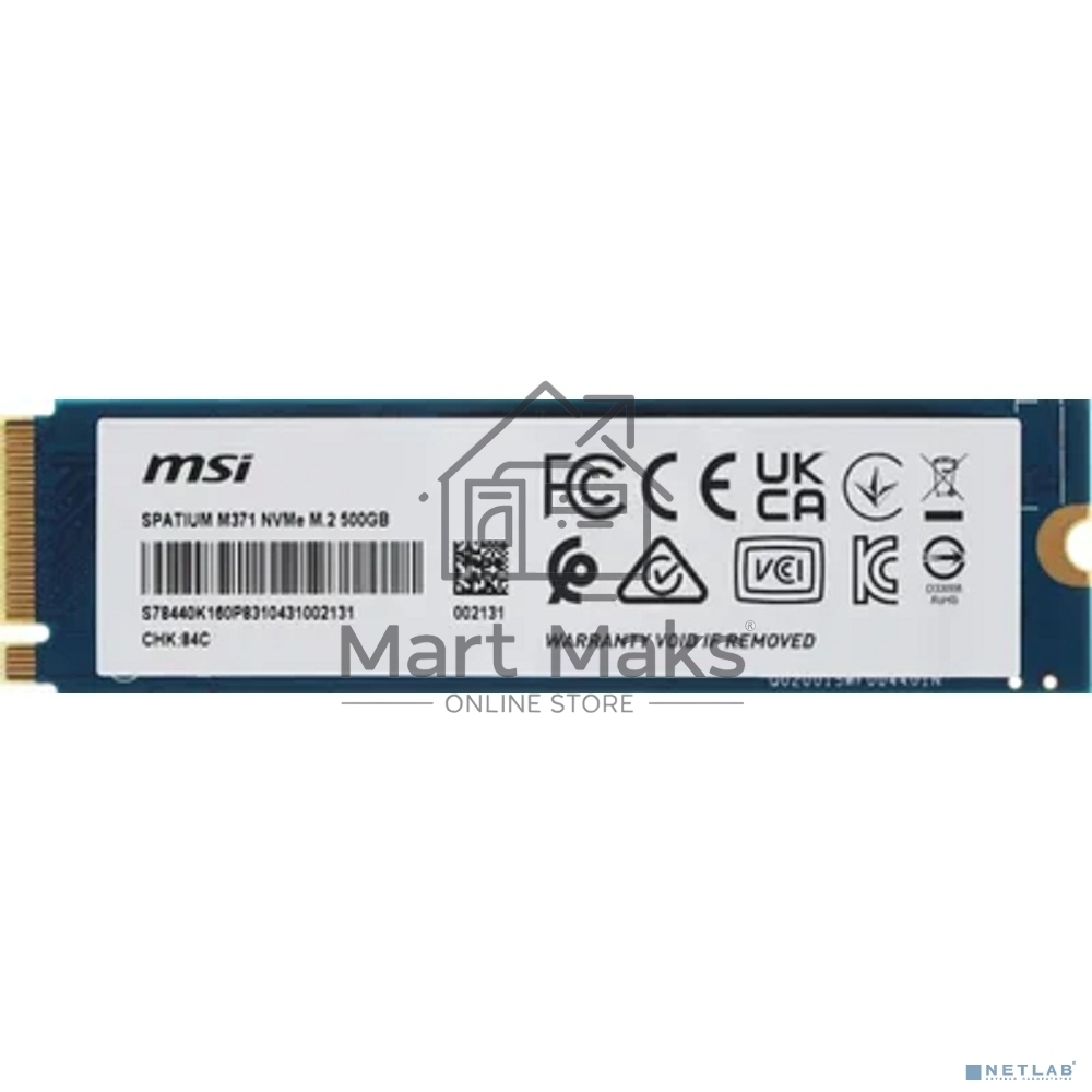 Накопитель SSD MSI 500GB SPATIUM M371 M.2(22x80mm), NVMe, PCIe 3.0 x4, 3D TLC, R/W 2200/1150, IOPs 60 000/200 000, TBW 110, DWPD 0.12