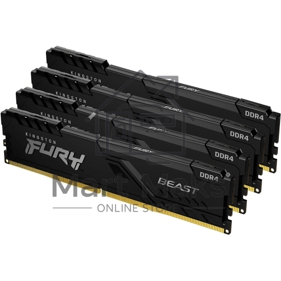 Оперативная память Kingston Fury Beast, DDR4, 64GB (4x16GB), 3200MHz, CL16, DIMM, радиатор, черный