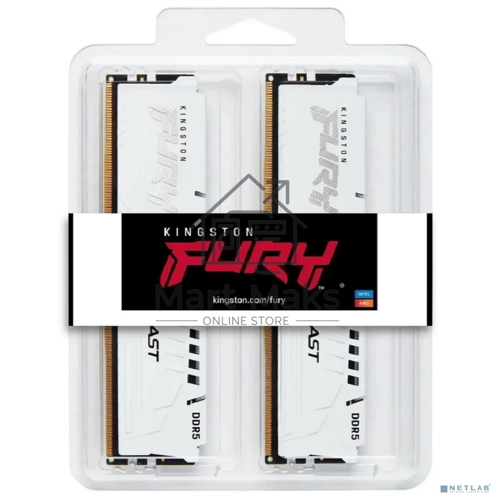 Оперативная память Kingston Fury Beast, DDR5, 64GB (2x32GB), 6000MHz, CL30, DIMM, с радиатором, белый