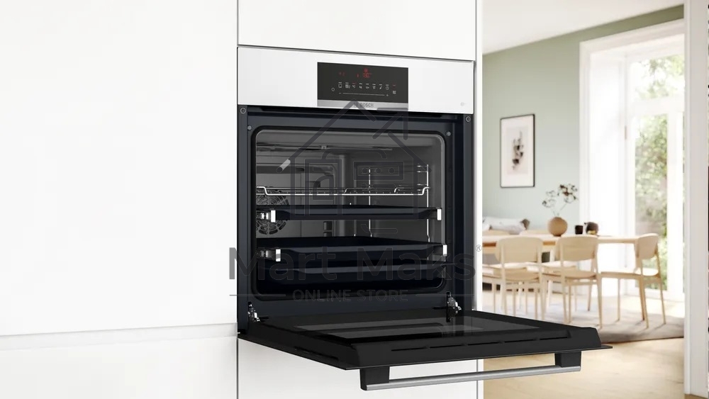 Встраиваемый духовой шкаф Bosch, Serie 8, объем 67 л, 12 режимов нагрева, 4D Hotair, телескопические направляющие, пиролиз, сенсорное управление, 40 автоматических программ, белый