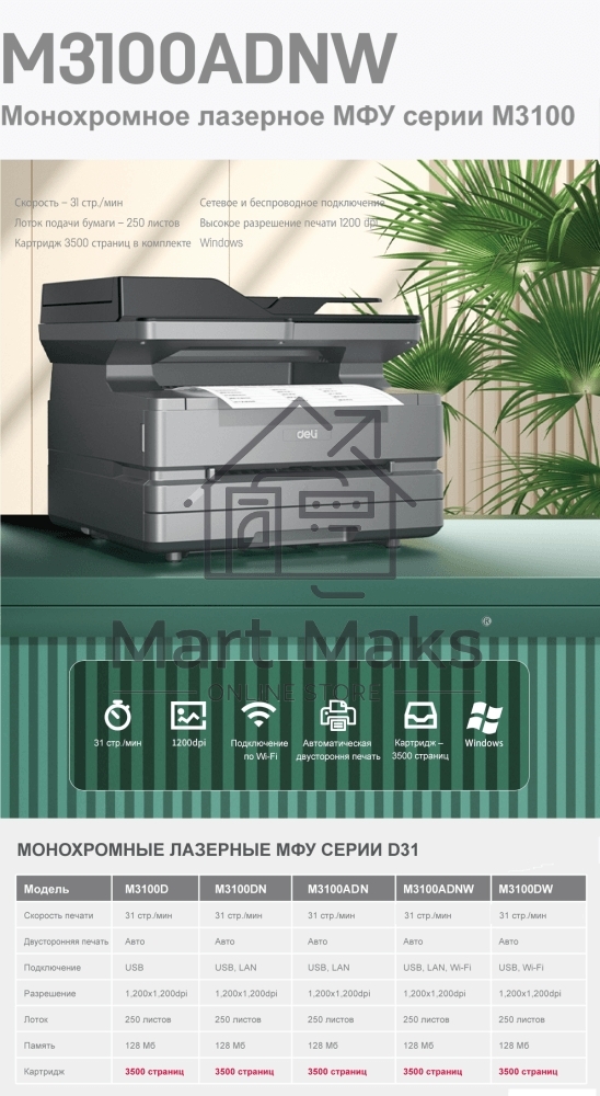 МФУ лазерный DELI M3100ADNW, A4, ч/б, печ. до 31 стр/мин., скан. до 31 стр/мин., 1200 x 1200 dpi, USB, RJ-45, Wi-Fi