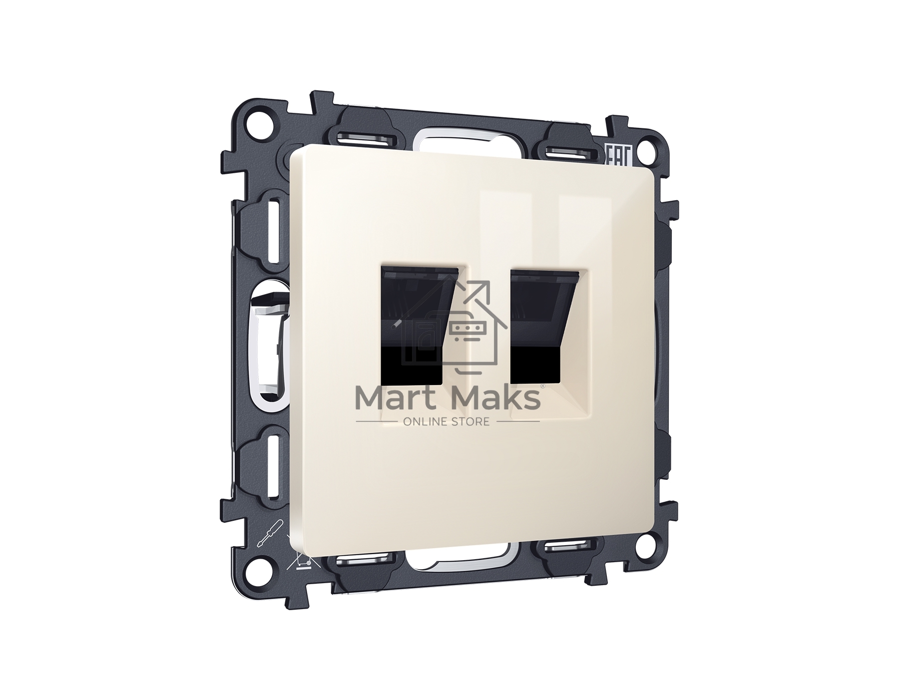 Комплект механизма компьютерной двойной розетки RJ-45 с автоматической защитной шторкой ALFA Бежевый глянец QUANT (AP3121, VM189) MA312110