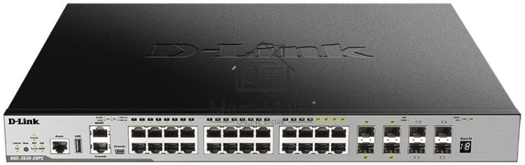 Коммутатор Managed L3 Stackable Switch 20x1000Base-T PoE, 4x10GBase-X SFP+, 4xCombo 1000Base-T PoE/SFP, PoE Budget 370W (740W with DPS-700), Surge 6KV, CLI, 1000Base-T Management, RJ45 Console, mini-USB Console, USB, RPS, Alarm RJ-45, Dying Gasp, Standard