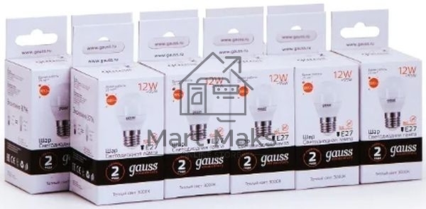 Лампа светодиодная Gauss Elementary 12Вт цок.:E27 шар 220B 3000K св.свеч.бел.теп. (упак.:10шт) (53212)
