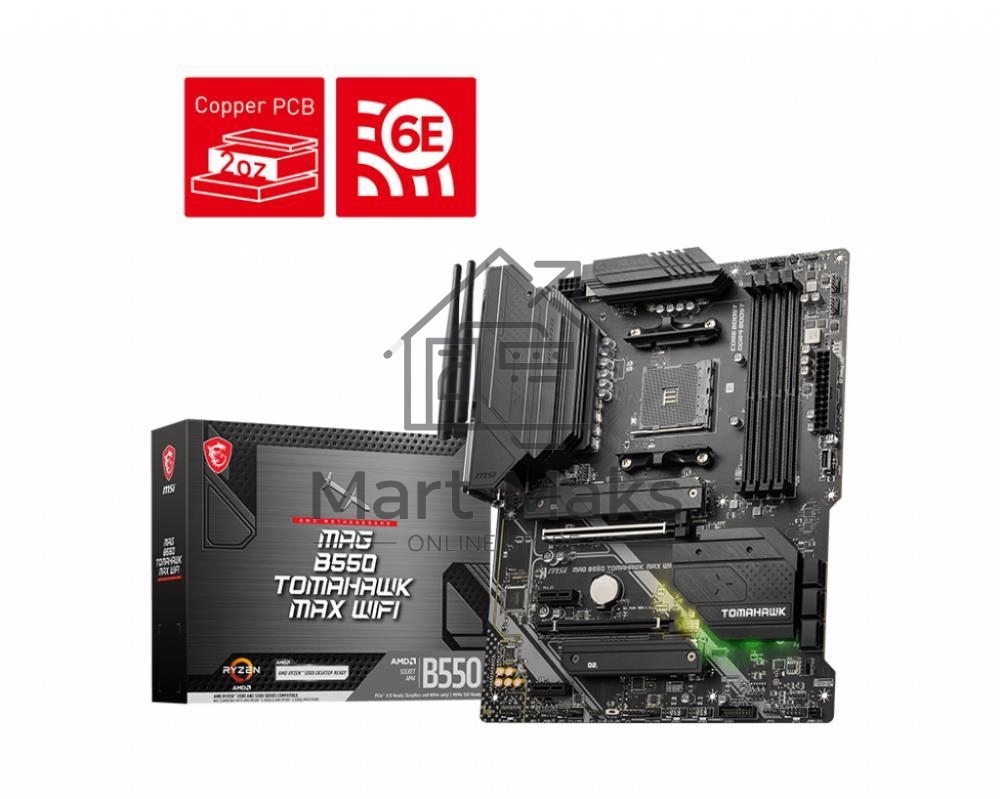 Материнская плата MSI MAG B550 TOMAHAWK MAX WIFI, AM4, AMD B550, 4xDDR4, 6xSATA, 2xM.2, 1xPCI-E 4.0 x16, 1xPCI-E 3.0 x4, 2xPCI-E x1, 1xHDMI, 1xDP, 1x 2.5Gb LAN, 2xUSB-A 2.0, 2xUSB-A 3.2 Gen 1, 1xUSB-A 3.2 Gen 2, 1xUSB-C 3.2 Gen 2, 5x3.5 мм, 7.1, ATX