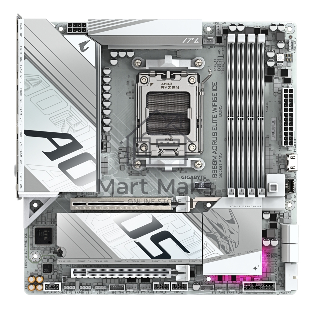 Материнская плата Gigabyte B850M AORUS ELITE WIFI6E ICE, AM5, AMD B850, 4xDDR5, 4xSATA, 2xM.2, 1xPCIe 5.0 x16, 1xPCIe 3.0 x4, 1xDP, 1xHDMI, 1x2.5Gb LAN, Wi-Fi 6E, Bluetooth 5.3, 2xUSB-A 10Gbps (Gen2), 5xUSB-A 5Gbps, 4xUSB-A 2.0, 1xUSB-C 10Gbps (Gen2), 2x3