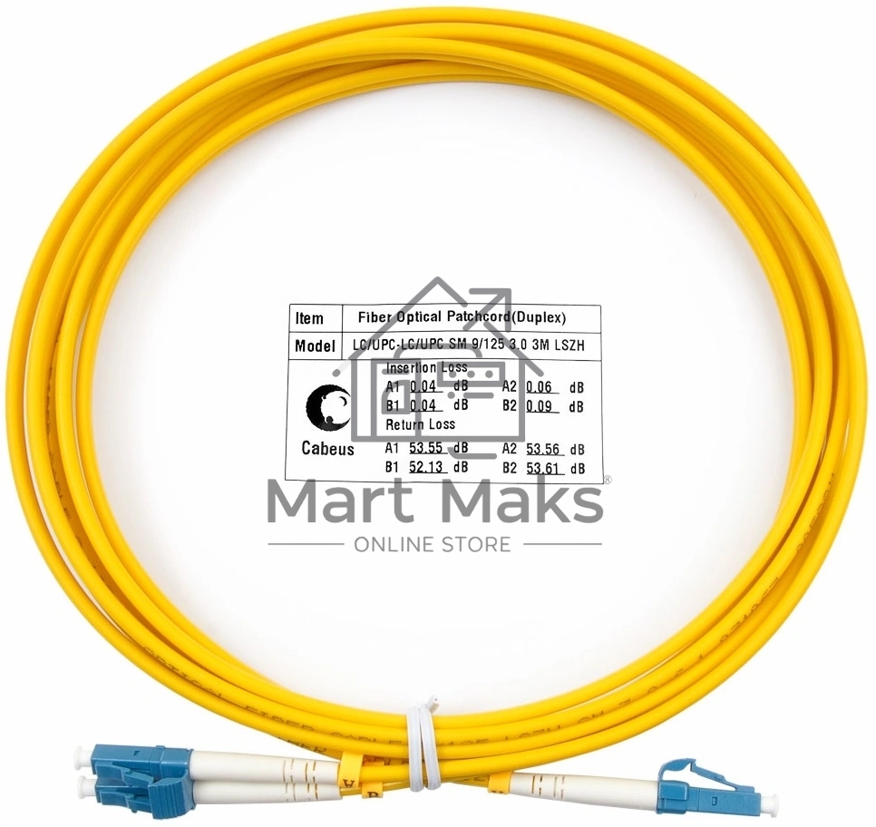Комм. шнур оптический Cabeus Tight Buffer, Duplex LC/LC, OS2 9/125, LSZH, 3м, d= 3мм, синий хвостовик, желтый