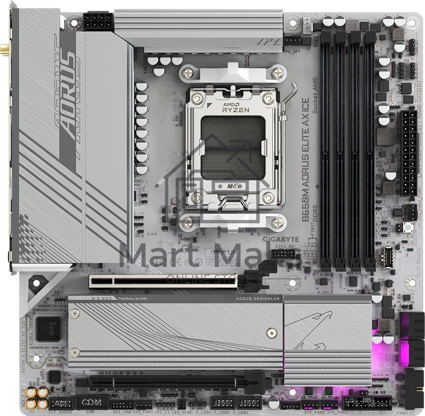 Материнская плата GIGABYTE B650M AORUS ELITE AX ICE, AM5, AMD B650, 4xDDR5, 4xSATA, 2xM.2, 1xPCIe 4.0 x16, 1xPCIe 4.0 x4, 1xDP, 1xHDMI, 1x2.5Gb LAN, Wi-Fi 6E, Bluetooth 5.3, S/PDIF, 2xUSB-C 10Gbps, 2xUSB-A 10Gbps, 5xUSB-A 5Gbps, 4xUSB-A 2.0, 2x3.5 мм, 7.1